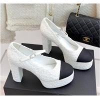 Best Grade Chanel Mary Janes in Tweed & Grosgrain G46433 White