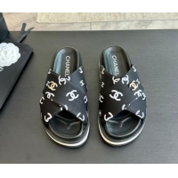 Unique Style Chanel CC Printed Lambskin Platform Slides Sandal Black 2025 CH041712