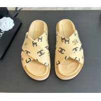 Stylish Chanel CC Printed Lambskin Platform Slides Sandal Beige 2025 CH041712