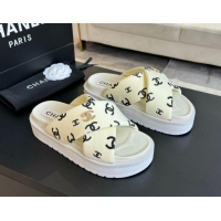 Durable Chanel CC Printed Lambskin Platform Slides Sandal White 2025 CH041712