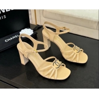 Grade Quality Chanel Lambskin Heel Sandals 8.5cm with CC Patch Beige 2025 G46274