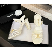 Best Price Chanel Lambskin Heel Sandals 8.5cm with CC Patch White 2025 G46274