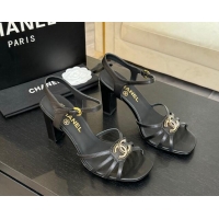 Stylish Chanel Lambskin Heel Sandals 8.5cm with CC Patch Black 2025 G46274