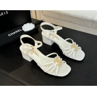 Shop Duplicate Chanel Lambskin Heel Sandals 4.5cm with CC Patch White 2025 G46274