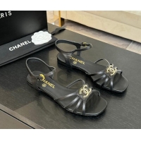 Shop Cheap Chanel Lambskin Flat Sandals with CC Patch Black 2025 G46275