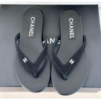 Charming Chanel Ribbed Fabric Flat Thong Slide Sandals with Strass CC Black 2025 G45716