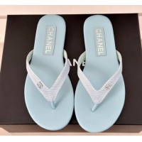 Most Popular Chanel Ribbed Fabric Flat Thong Slide Sandals with Strass CC Blue 2025 G45716