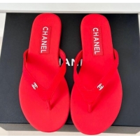 Stylish Chanel Ribbed Fabric Flat Thong Slide Sandals with Strass CC Red 2025 G45716