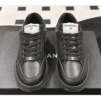 Shop Duplicate Chanel Ban'x Check Silky Calfskin Sneakers Black Leather 2025 CH041714