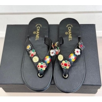 Luxurious Chanel Lambskin Flat Thong Slide Sandals with Charm Black 2025 G46304