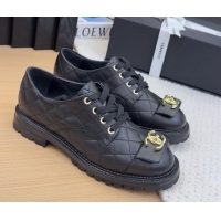 Charming Chanel Quilted Calfskin Lace-up Shoes 3cm with CC Tag Black 2025 CH041717