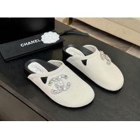 Good Looking Chanel Calfskin Flat Mules with Strass CC White 2025 CH041718