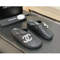 Feminine Chanel Calfskin Flat Mules with Strass CC Black 2025 CH041718