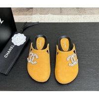 Best Product Chanel Calfskin Flat Mules with Strass CC Yellow 2025 CH041718