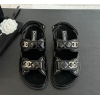Good Product Chanel Patent Calfskin Flat Strap Sandals with Strass CC Black 2025 CH041719