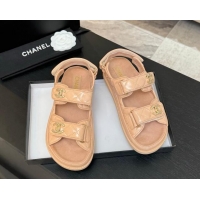 Most Popular Chanel Patent Calfskin Flat Strap Sandals with Strass CC Nude Pink 2025 CH041719