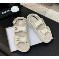 Pretty Style Chanel Patent Calfskin Flat Strap Sandals with Strass CC White 2025 CH041719