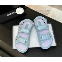 Durable Chanel Patent Calfskin Flat Strap Sandals with Strass CC Light Blue 2025 CH041719