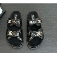 Good Quality Chanel Patent Calfskin Flat Strap Slides Sandal with Strass CC Black 2025 CH041719