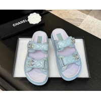 Lowest Price Chanel Patent Calfskin Flat Strap Slides Sandal with Strass CC Light Blue 2025 CH041719