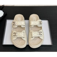 Sumptuous Chanel Patent Calfskin Flat Strap Slides Sandal with Strass CC Light Beige 2025 CH041719