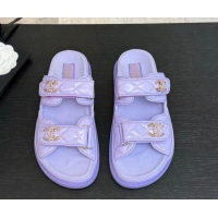 Duplicate Chanel Patent Calfskin Flat Strap Slides Sandal with Strass CC Purple 2025 CH041719