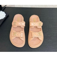 Shop Duplicate Chanel Patent Calfskin Flat Strap Slides Sandal with Strass CC Nude Pink 2025 CH041719