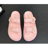 Trendy Design Chanel Patent Calfskin Flat Strap Slides Sandal with Strass CC Light Pink 2025 CH041719
