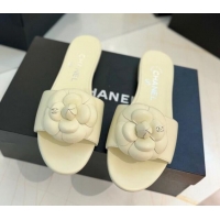Classic Hot Chanel Camellia Bloom Lambskin Flat Slides Sandal G45499 White