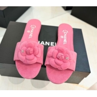 Luxury Discount Chanel Camellia Bloom Suede Flat Slides Sandal G45499 Pink
