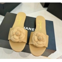 Luxury Chanel Camellia Bloom Lambskin Flat Slides Sandal G45499 Beige