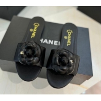 Luxury Cheap Chanel Camellia Bloom Lambskin Flat Slides Sandal G45499 Black