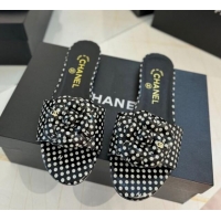 Buy Luxury Chanel Camellia Bloom Lambskin Flat Slides Sandal G45499 Black