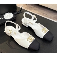 Best Grade Chanel Calfskin & Grosgrain Flat Sandals with Pearl CC White 2025 CH041720
