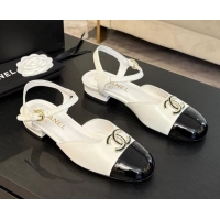 Duplicate Chanel Calfskin & Patent Flat Sandals with Strass CC White 2025 CH041720