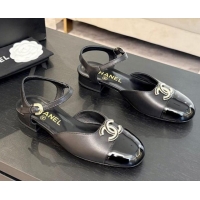 Classic Hot Chanel Calfskin & Patent Flat Sandals with Strass CC Black 2025 CH041720