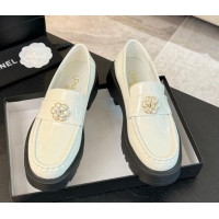Top Grade Chanel Shiny Calfskin Loafers with Bloom White 2025 CH041721