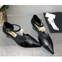 Good Looking Chanel Shiny Calfskin Mary Janes Wedge Pumps with Bloom Black 2025 CH041722