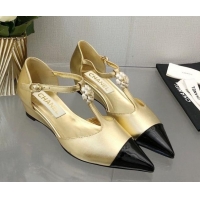 Low Price Chanel Shiny Calfskin Mary Janes Wedge Pumps with Bloom Gold 2025 CH041722