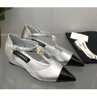Best Grade Chanel Shiny Calfskin Mary Janes Wedge Pumps with Bloom Silver 2025 CH041722