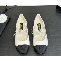 Shop Cheap Chanel Lambskin & Grosgrain Mary Janes Ballet Flats with Lace-up White 2025 G46324