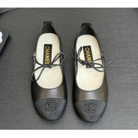 Good Quality Chanel Lambskin & Grosgrain Mary Janes Ballet Flats with Lace-up Black 2025 G46324