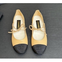 Luxury Discount Chanel Lambskin & Grosgrain Mary Janes Ballet Flats with Lace-up Beige Yellow 2025 G46324