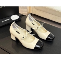 Trendy Design Chanel Lambskin & Patent Calfskin Mary Janes Pumps 5cm with Lace-up White 2025 G46323