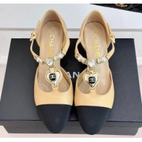 Top Design Chanel Lambskin & Grosgrain Mary Janes Pumps 5.5cm with Heart Chain Charm Beige 2025 CH041723