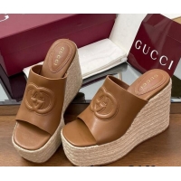 Best Grade Gucci Leather Interlocking G Wedge Slides Sandal 11cm Brown 2025 817212
