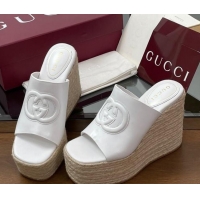 Luxurious Gucci Leather Interlocking G Wedge Slides Sandal 11cm White 2025 817212