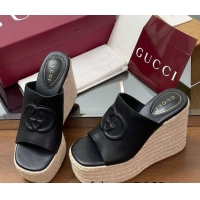 Buy Luxury Gucci Leather Interlocking G Wedge Slides Sandal 11cm Black 2025 817212