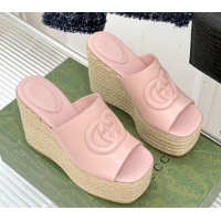 Durable Gucci Leather Interlocking G Wedge Slides Sandal 10.5cm Light Pink 2025 817212