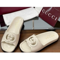 Good Quality Gucci Leather Interlocking G Flat Slides Sandal Ivory White 2025 816334